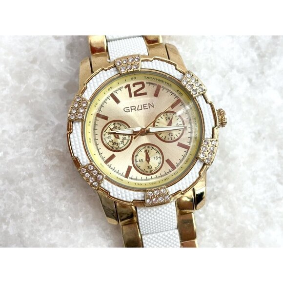Gruen Chronograph Gold & White T Women's Rhinestone Wrist Watch - 30mm - WORKS! - Picture 5 of 10